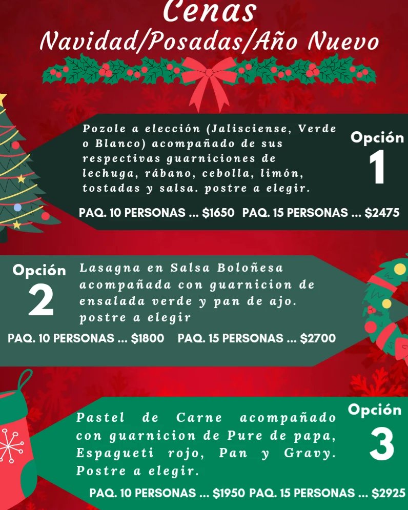 DPSaltillo's tweet photo. Les traemos nuestros paquetes para tus fiestas decembrinas para que disfrutes en compañía de tus seres queridos! Pidelo con anticipación y disfruta de nuestros deliciosos platillos!
#CenaNavideña #cenasnavideñas #cenaañonuevo #Saltillo #Coahuila #México https://t.co/sPIGRN3oHs