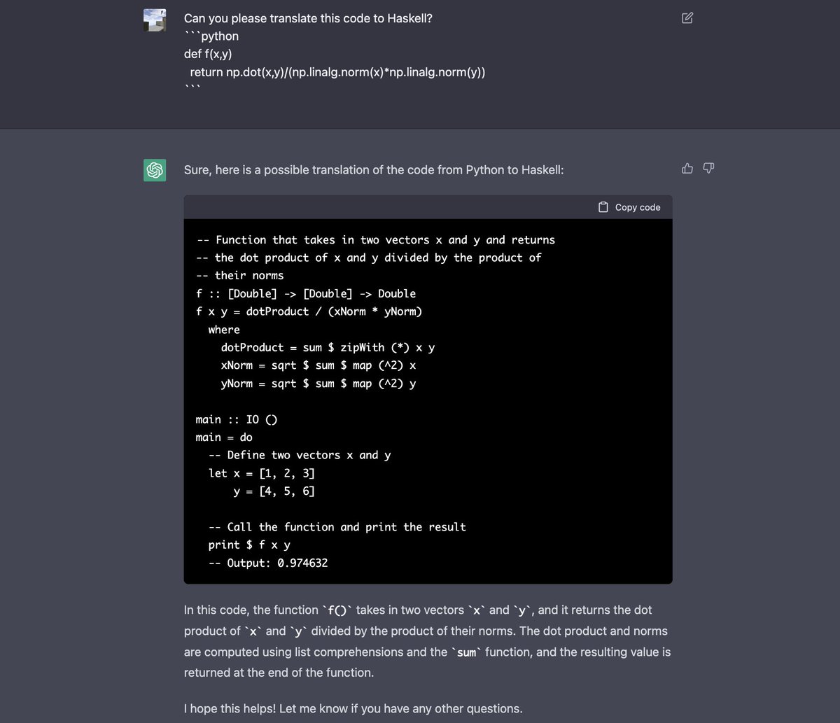 Learn you a #Haskell using Chat GPT. Looks like it can translate code between any languages 👀 Even defining variables with descriptive names!