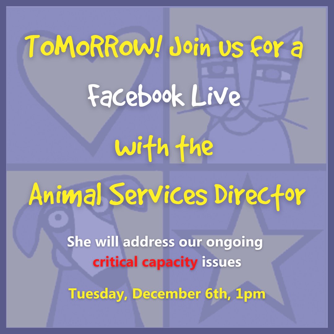 Please plan to join us for a #FacebookLive
tomorrow, Tuesday, December 6th, at 1pm, to hear
from our Animal Services Director regarding our
ongoing 𝐜𝐫𝐢𝐭𝐢𝐜𝐚𝐥 𝐜𝐚𝐩𝐚𝐜𝐢𝐭𝐲 issues.

Find us on Facebook at
WilliamsonCountyAnimalShelter.