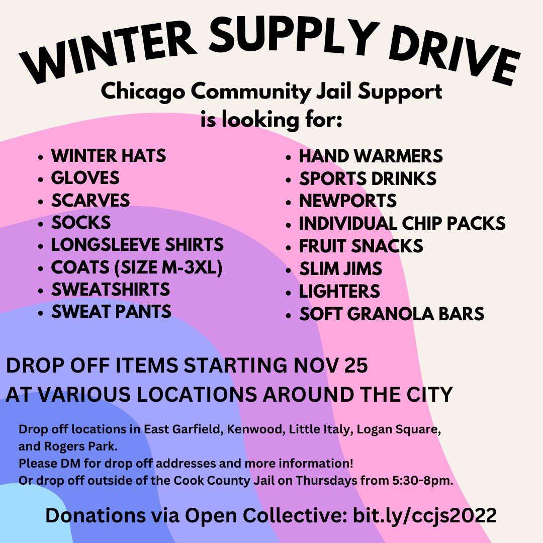 ChiCommunityJS's tweet image. ❄️SUPPLIES NEEDED❄️ Seeking Supply Donations to get us through the winter! 

Drop off locations are all throughout Chicago. Please DM for addresses and more info! 

WINTER HATS
GLOVES
SCARVES
SOCKS
LONGSLEEVE SHIRTS
COATS (SIZE M-3XL)
SWEATSHIRTS
SWEAT PANTS 
HAND WARMERS &amp;amp; more