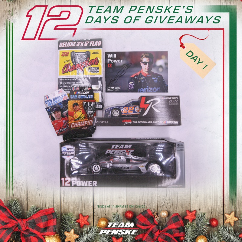 Team_Penske's tweet photo. Day 1 of our annual 12 Days of Giveaways is here, and to kick it off, we're giving away a prize pack to celebrate our champions, @12WillPower and @JoeyLogano. Retweet to enter.