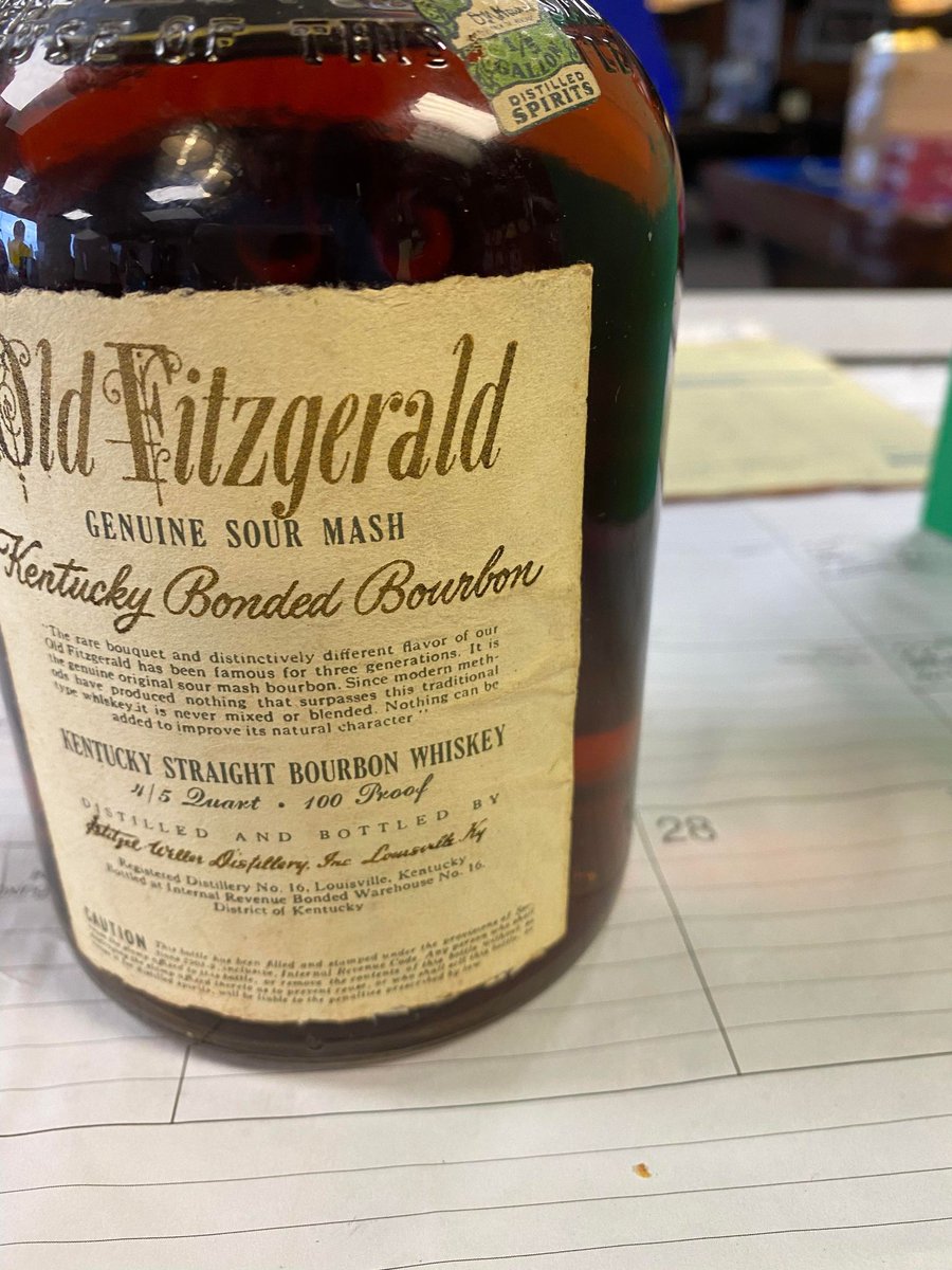 PappyVan_Winkle's tweet photo. In honor of National Repeal Day I thought I'd show you this trophy bottle of 10 year old "Old Fitzgerald" barreled in 1940 & bottled in 1950 by Stitzel Weller distillery. This was Pappy's label. Overall condition is still fine-good. #NationalRepealDay #KentuckyBourbon #OldFitz https://t.co/RR0RidmJP3