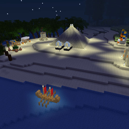 Devonia59mc's tweet photo. Whilst exploring the Uplift Minetest Server I came across a patch of bare sand land on which I have built mini Egypt.
The centerpiece is a pyramid.
Market stalls by the well.
A small Egyptian boat is docked nearby.
A Sphinx statue by a small pyramid and building works. https://t.co/8zNXNEATM7