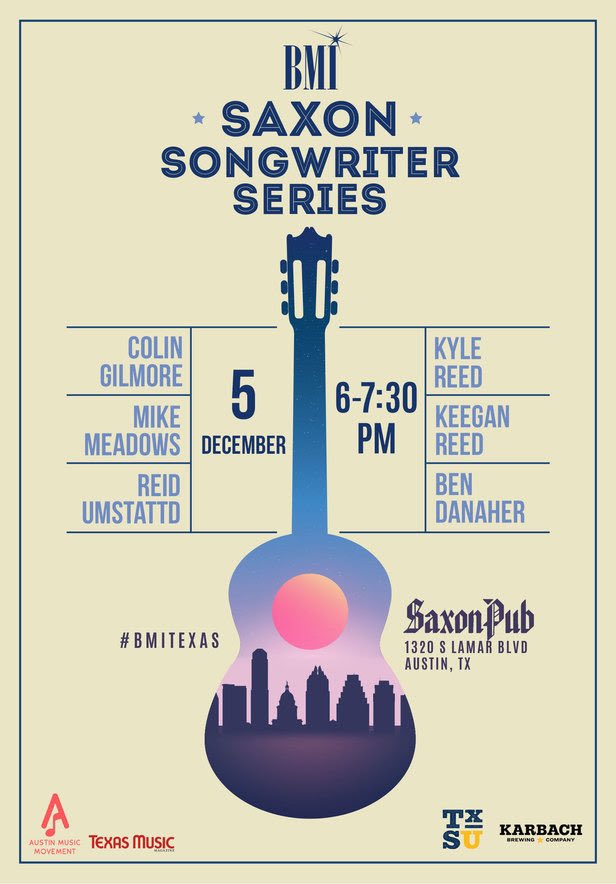 TxSongwriterU's tweet photo. The Broadcast Music, Inc. (BMI) December Saxon Songwriter Series, tonight 6-7:30 pm!

Colin Gilmore
Mike Meadows 
Kyle Reed Music 
Reid Bros. aka Reid Umstattd
Keegan Reed
Ben Danaher https://t.co/VrcQG6mDbh