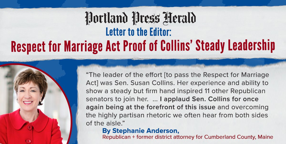 'I applaud Sen. Collins for once again being at the forefront of this issue and overcoming the highly partisan rhetoric we often hear from both sides of the aisle.' @PressHerald @SenatorCollins #RespectforMarriageAct