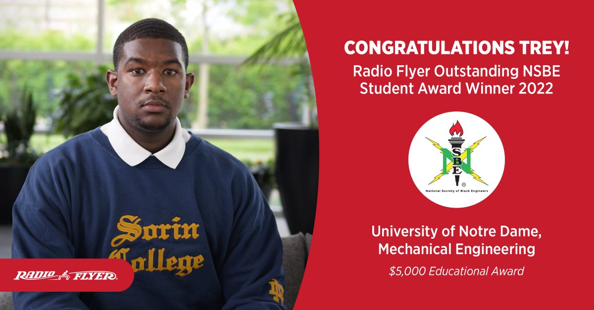 RadioFlyerJobs's tweet photo. Congratulations to Trey, our Radio Flyer Outstanding NSBE Student Award recipient from @NotreDame! Trey is a junior studying Electrical Engineering, and is the VP of his NSBE Chapter. 

#GoIrish https://t.co/gepYAZolm4