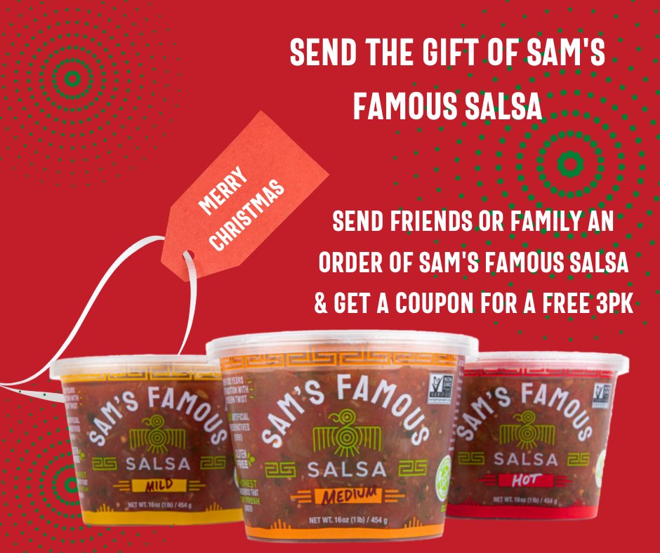 samsfamoussalsa's tweet photo. ๐ข Local delivery customers - Send a friend a 3pk using promo code SEND2FRIEND & we will email you a coupon code for your own free 3pk. Merry Christmas to everyone! #freshsalsa #morethanasnack #betterwithsalsa https://t.co/AI2LUvZREV