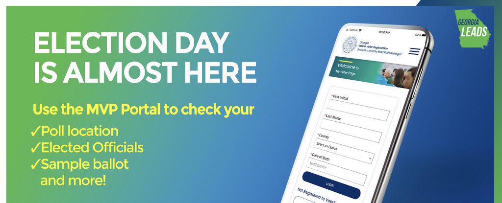 GabrielSterling's tweet photo. It’s Election Day tomorrow. Use @GaSecofState Raffensperger’s My Voter Page to find your polling location. The link is https://t.co/yEAIB5spGq. The voting hours are from 7am-7pm. https://t.co/ih8sOw0DoJ
