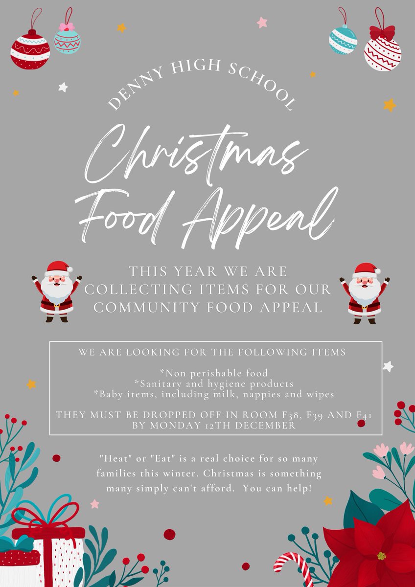 We would love if you could also help us with our Food Appeal. All donations will be split between our local Trussel Trust Foodbank and  elderly residents living in the local community. <a href="/Captains_DHS/">DHS School Captains</a> <a href="/DennyHighSchool/">Denny High School</a> <a href="/ParentDhs/">Denny High School Parent Council</a>