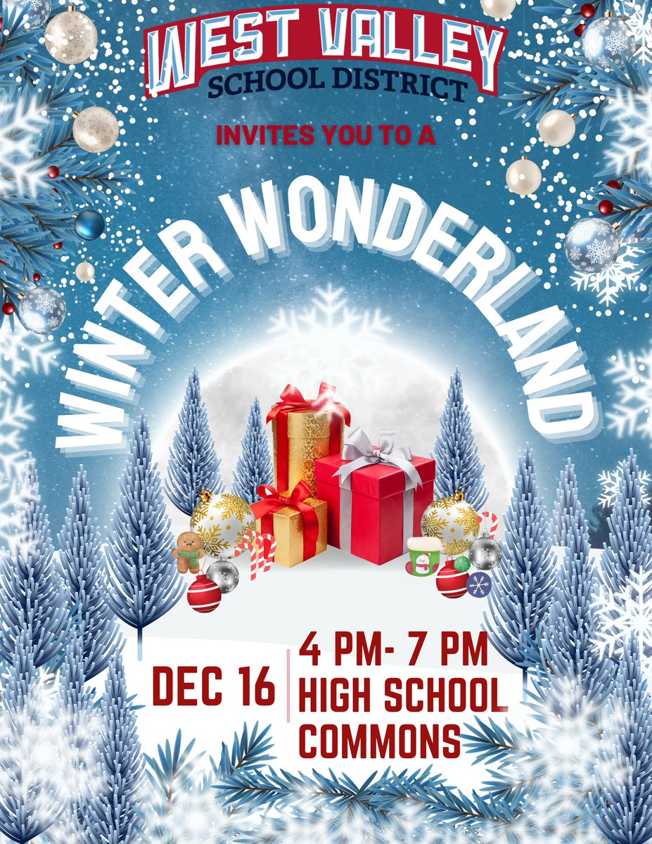 WVSD208's tweet image. It's time for the Holidays, and we want to have a joyful sendoff for our students, families, and staff members! Before we leave for Winter Break, our District is celebrating the season with an All-District Winter Wonderland! Join us from 4pm to 7pm, Dec. 16, in the HS Commons! ❄️