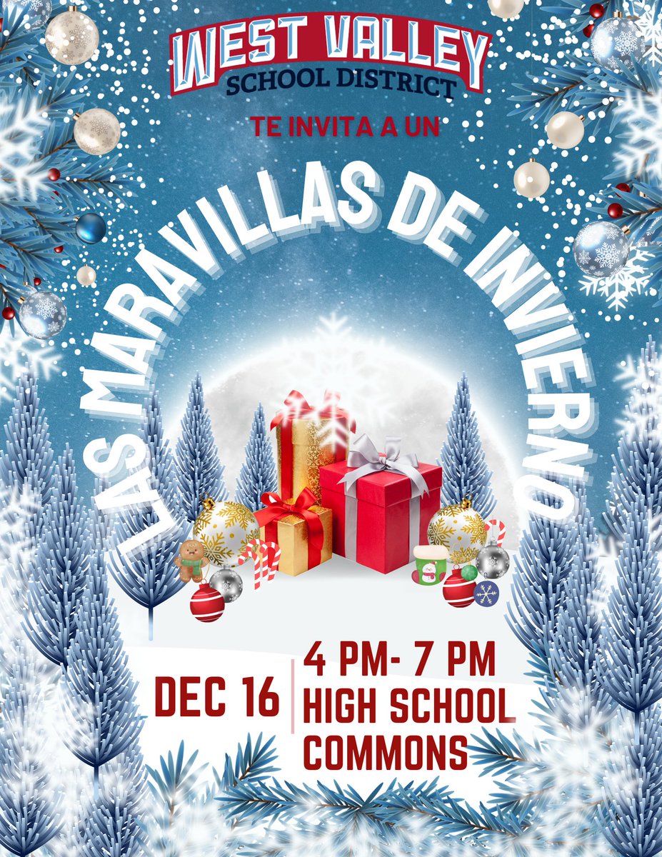 WVSD208's tweet image. It's time for the Holidays, and we want to have a joyful sendoff for our students, families, and staff members! Before we leave for Winter Break, our District is celebrating the season with an All-District Winter Wonderland! Join us from 4pm to 7pm, Dec. 16, in the HS Commons! ❄️