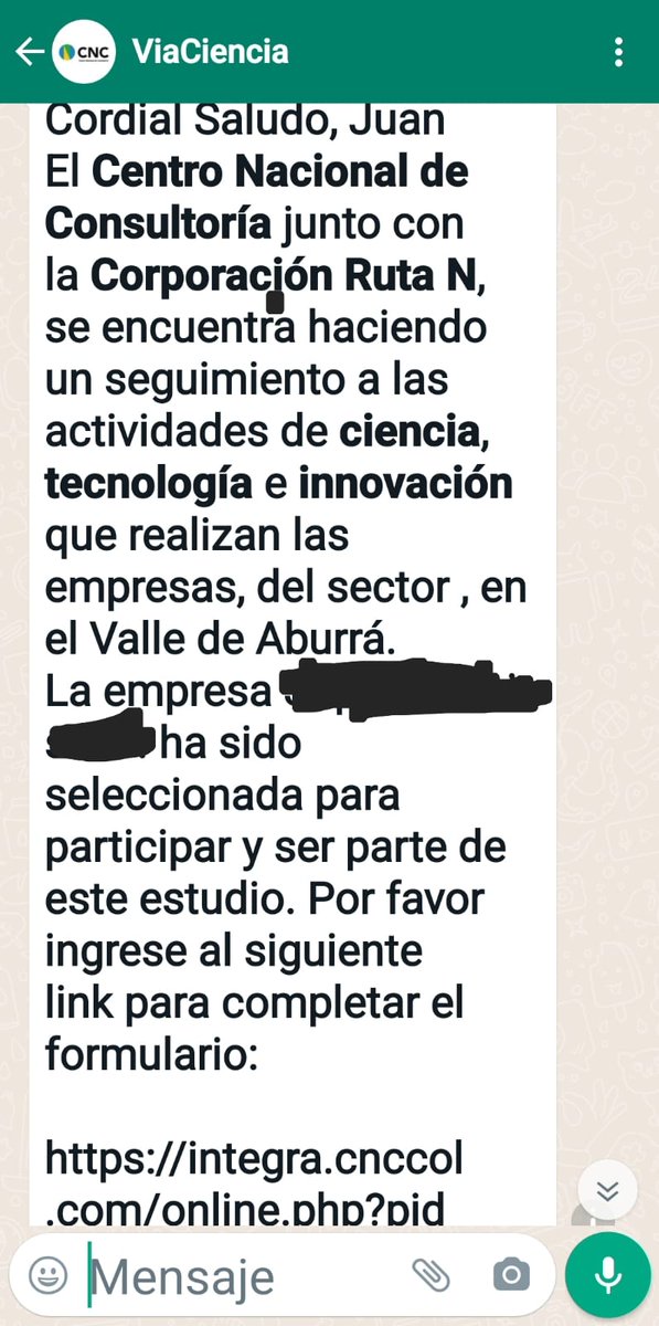 A varios empresarios nos ha llegado este mensaje, casualmente firmamos y apoyamos la #RevocatoriaDanielQuintero
Nadie, los ha autorizado @Ruta_N para que se comuniquen conmigo para participar en encuestas, y mucho menos bajo la malintencionada administración de @QuinteroCalle