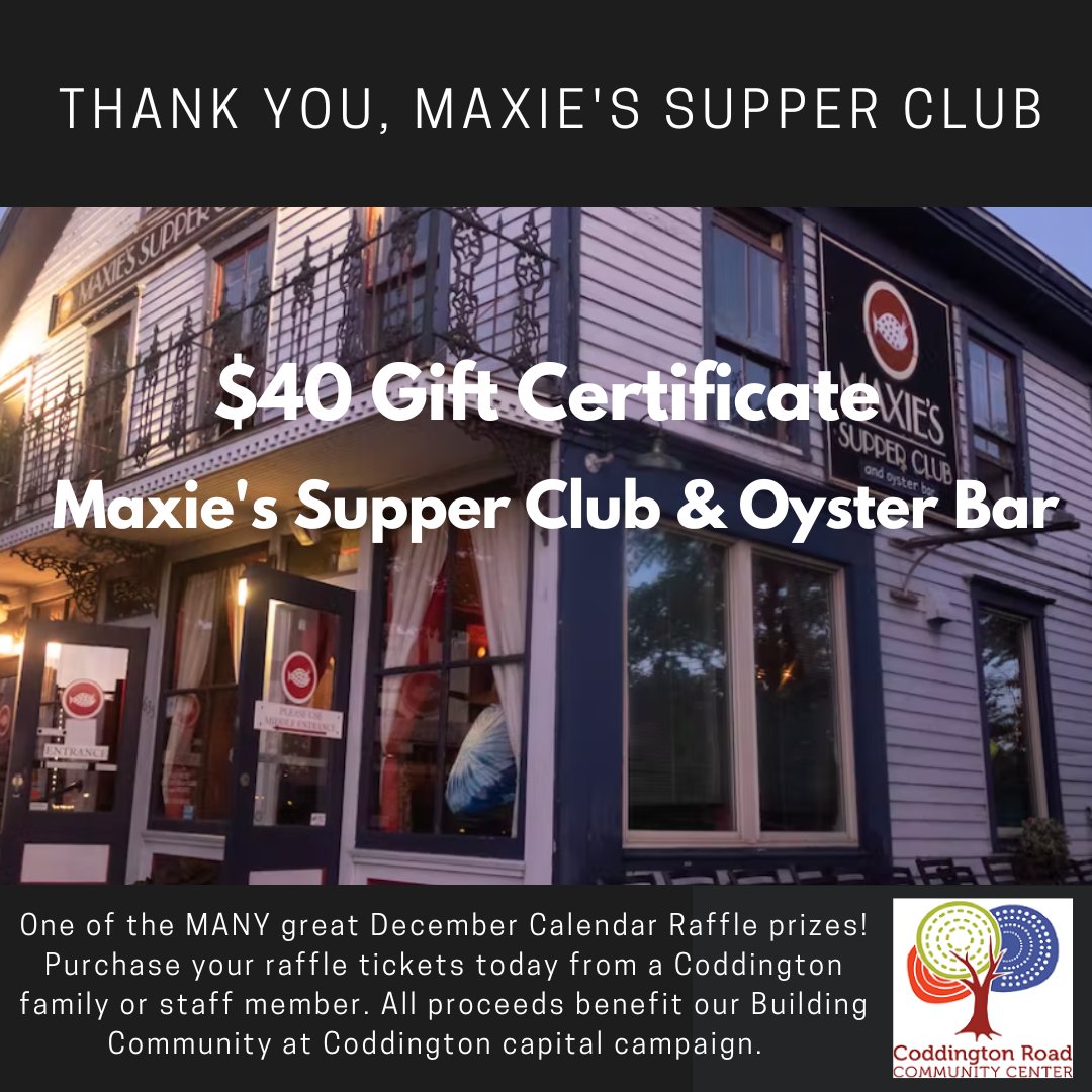 Winner Announcement! The randomly selected winner of our December Calendar Raffle for December 5th is Yassi Hafezi! The prize was a $40 gift certificate to Maxie's Supper Club and Oyster Bar. We thank both Yassi and <a href="/MaxiesIthaca/">Maxie's Supper Club</a> for their support of Coddington!