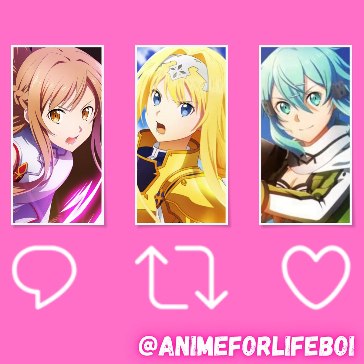 Who's your favorite waifu?
Reply [Asuna]
Retweet [Alice]
Like [Sinon]