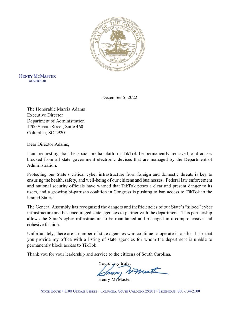 henrymcmaster's tweet image. Today I took action to block access to TikTok on state government devices. Law enforcement and national security officials have warned us that TikTok poses a clear and present danger to its users, and this further protects our state’s critical cyber infrastructure.