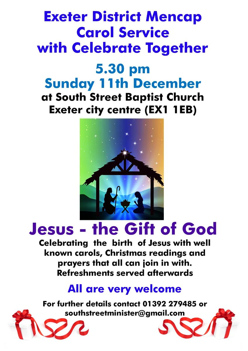SouthStBaptist's tweet photo. On Sunday 11 Dec at 5.30 pm, we are hosting the Celebrate Together and Exeter Mencap carol service with favourite carols and Christmas readings. An accessible and welcoming service with refreshments served afterwards. https://t.co/7zRNSaOGdK