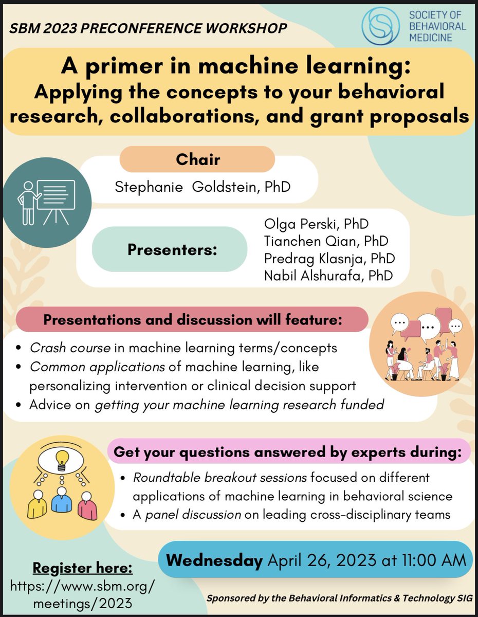 To all my friends planning to attend <a href="/BehavioralMed/">SBM</a> #SBM2023, check out this fantastic pre-conference workshop on machine learning for behavioral research! Dr. Stef Goldstein is wonderful. This is sure to be an actionable course!