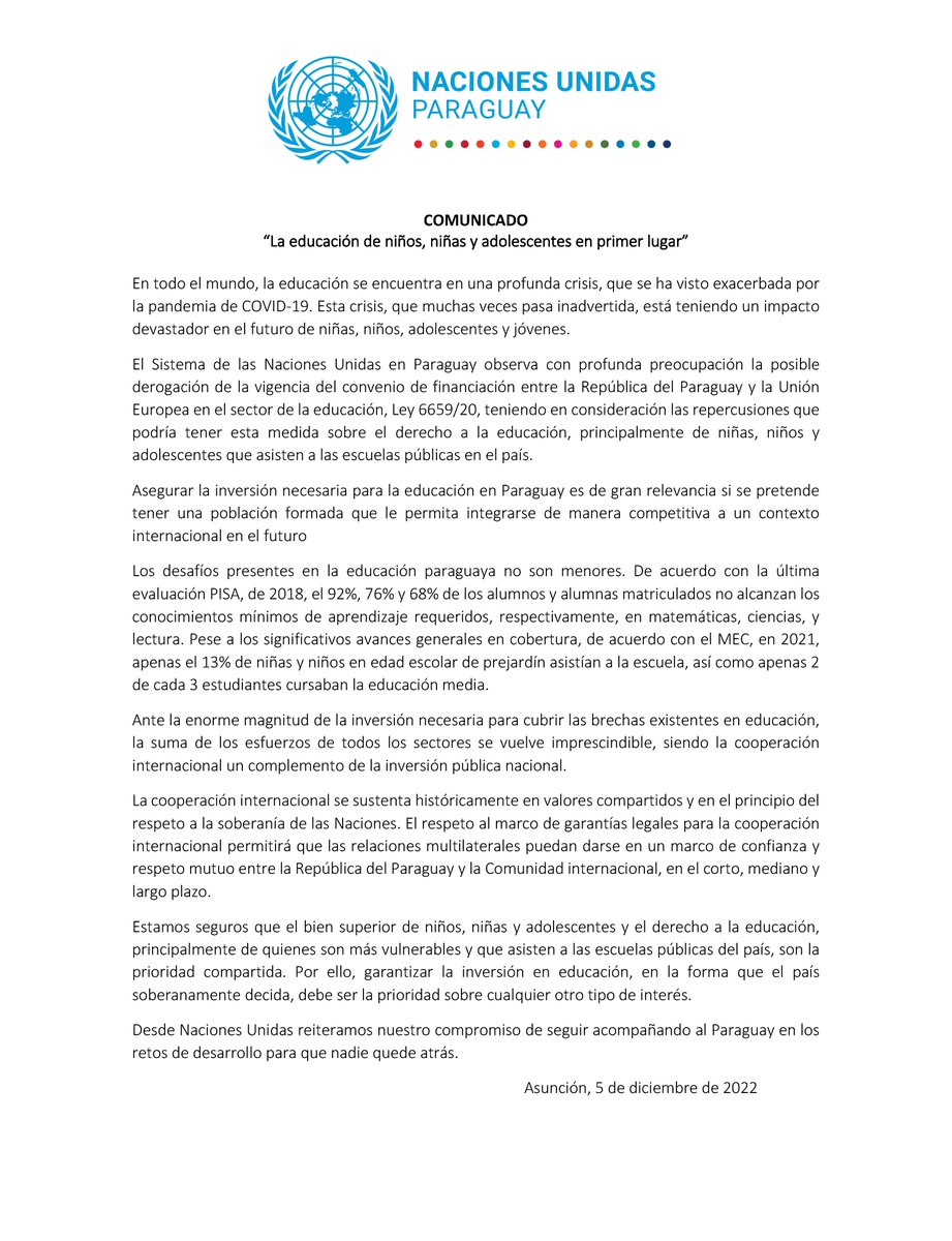 ONUParaguay's tweet photo. Compartimos un comunicado de las Naciones Unidas en Paraguay. https://t.co/TjUeGxabi2