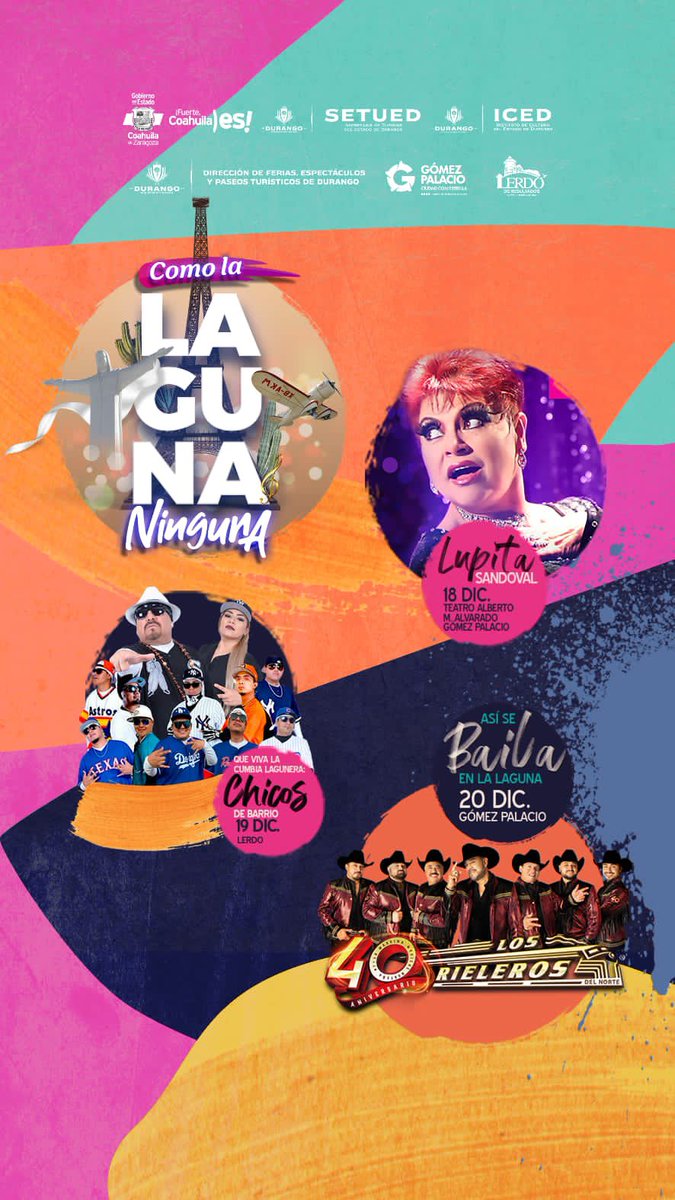 Se unen #Durango y #Coahuila en 1er Festival ¡Como La Laguna Ninguna!
 <a href="/EVillegasV/">Esteban Villegas V.</a> y <a href="/mrikelme/">Miguel Riquelme</a>, anuncian cartelera artística y cultural; promoverán convivencia familiar y activación económica
Destacan Julión Álvarez, <a href="/OficialYuri/">Yuri</a> <a href="/MariachiGamaMil/">Mariachi Gama 1000</a>, <a href="/LaFirmaOficial/">La Firma</a> , <a href="/ldmonteclaro/">Lorenzo De Monteclaro©®</a>