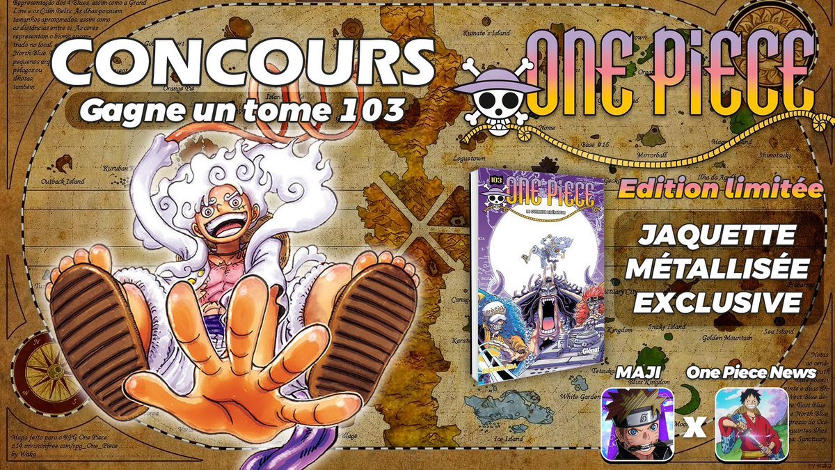 0nePieceNews_'s tweet photo. CONCOURS ONE PIECE 👑

RT + FOLLOW @0nePieceNews_ et @GoatMaji pour tenter de remporter le tome 103 de One Piece avec une jaquette métallisée ! 

📅 Tirage au sort dans 3 jours ! https://t.co/b3w9YZ6PWi