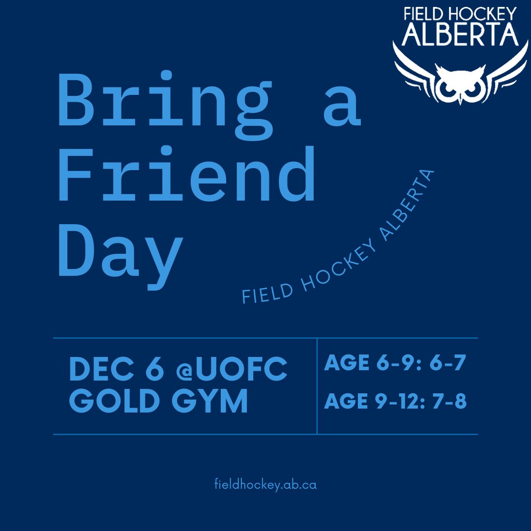 FHalberta's tweet photo. Today and tomorrow only, Field Hockey Alberta is hosting a “Bring a Friend” day for our funstix (U-8/10) and our U-12 programs! Join us on December 5th and 6th! 

#fha #yycfieldhockey #indoor #junior #program https://t.co/Yr00gFTksS