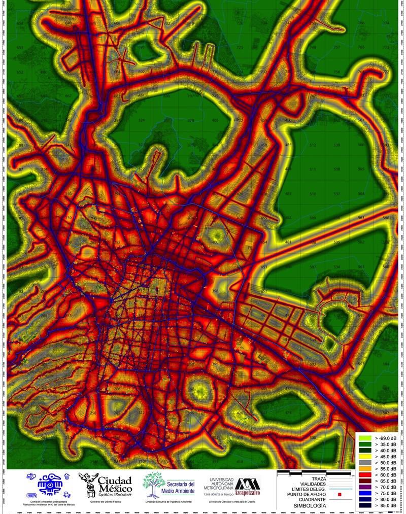 Éste mapa de ruido en la Ciudad de México está muy cool. Los autos, camiones y motos sobre las avenidas son la principal fuente de ruido.
Las zonas más escandalosas para vivir.