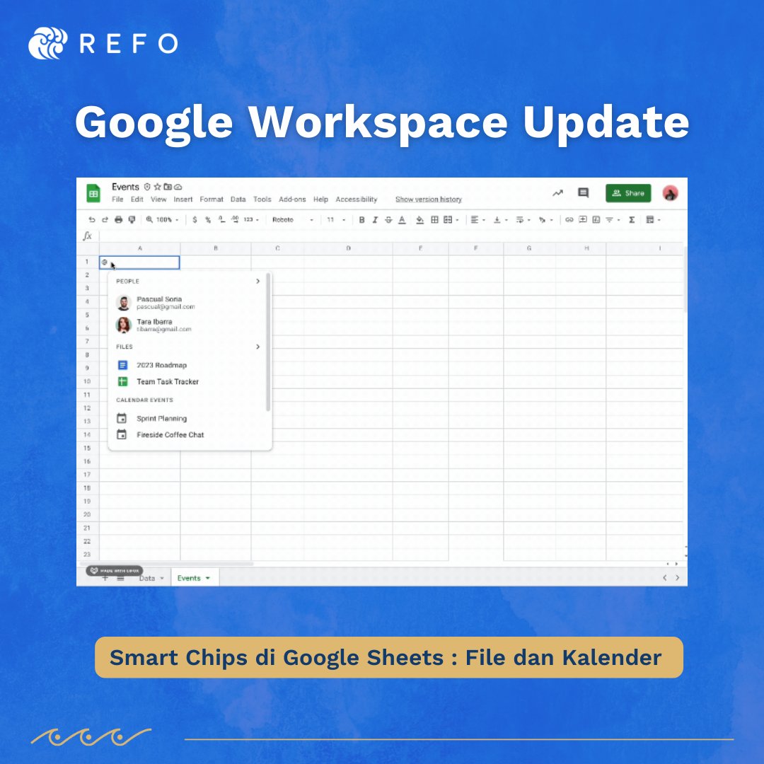 Ada update baru lagi di #GoogleWorkspace nih! 🥰

✨ Update: Smart Chips di #GoogleSheets: File dan Kalender
🚀 Rollout: Mulai 25 Oktober 2022
✅ Edisi: Fundamentals, Teaching and Learning, Education Plus

Yang sudah cobain fiturnya komen di bawah yaa. ⬇️

#GoogleEDU #BersamaREFO