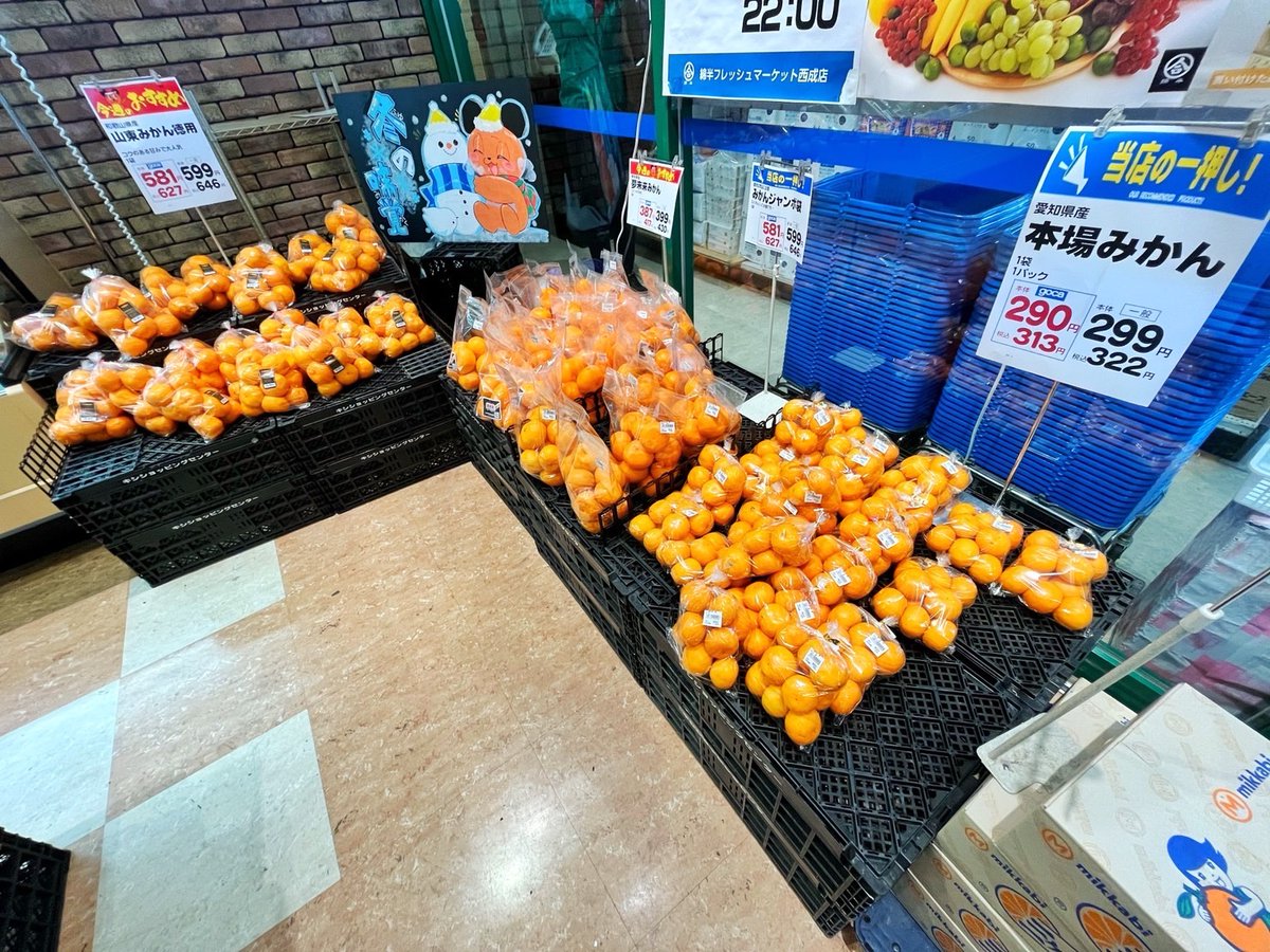 wf_west2015's tweet photo. お久しぶりです🫡綿半FM西成店です‼️
最近急激に寒くなってきましたね🥶

そういえば、去年に描いたわたぴー冬休みver.を補修して再度展示しました🎨是非ご覧下さい✨👀

そして看板の周りにはミカンが沢山！こんな���い日には、暖かいコタツでぬくぬくしながらミカンでも剥いちゃいませんか？👍👍👍🍊 https://t.co/zxrmGk0zRg