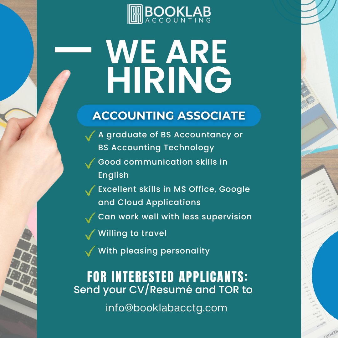 BookLabAcctg's tweet image. If you are qualified and interested in joining our dynamic organization, we encourage you to apply today! We look forward to reviewing your application.

#accounting #accountingservices #accountingservice #accounting101 #accountingsolutions #bookkeeping #bookkeeper