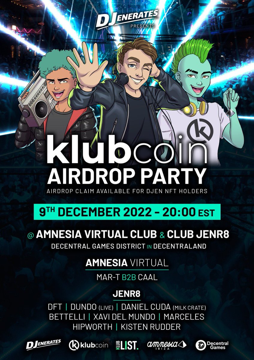 On the Dec 9th across Amnesia Virtual and Club JENR8 in <a href="/DecentralGames/">Decentral Games</a> we are hosting the <a href="/KlubCoin/">KlubCoin</a> airdrop for Djen NFT holders.

For every Djenerates NFT held you will be eligible to claim 200 Klubcoins.

Visit TheKlub Discord (link in bio) for full deets. #airdrop #NFTs