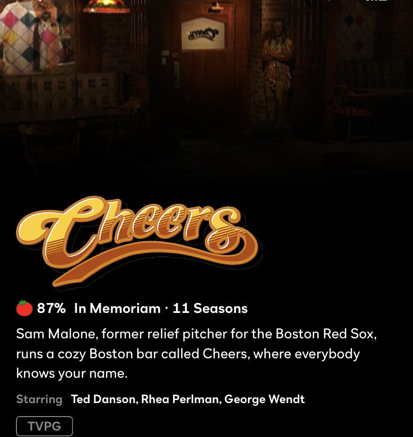 TVMoJoe's tweet photo. Very smart and good hustle by Peacock: The first show you see when you open the app right now is CHEERS, along with an In Memoriam tag. By contrast, Paramount+, whose sister studio owns the rights to the show, has nothing up. Ditto Disney’s Hulu. https://t.co/YgZRW2TDXq