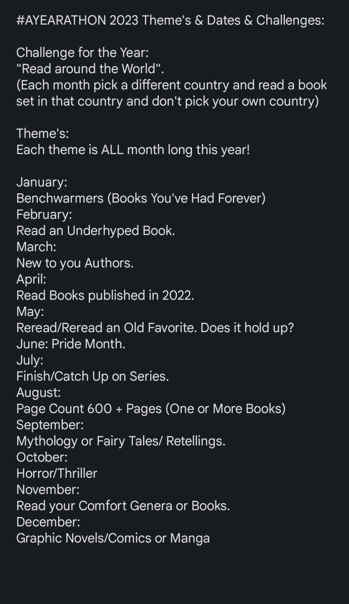 AYearAThon's tweet photo. Hello π everyone.
Here are our Themes and our One Challenge for Next Year.
What are you looking forward to the most?
-K #AYEARATHON #ReadAThon https://t.co/VFNG0unJ2f