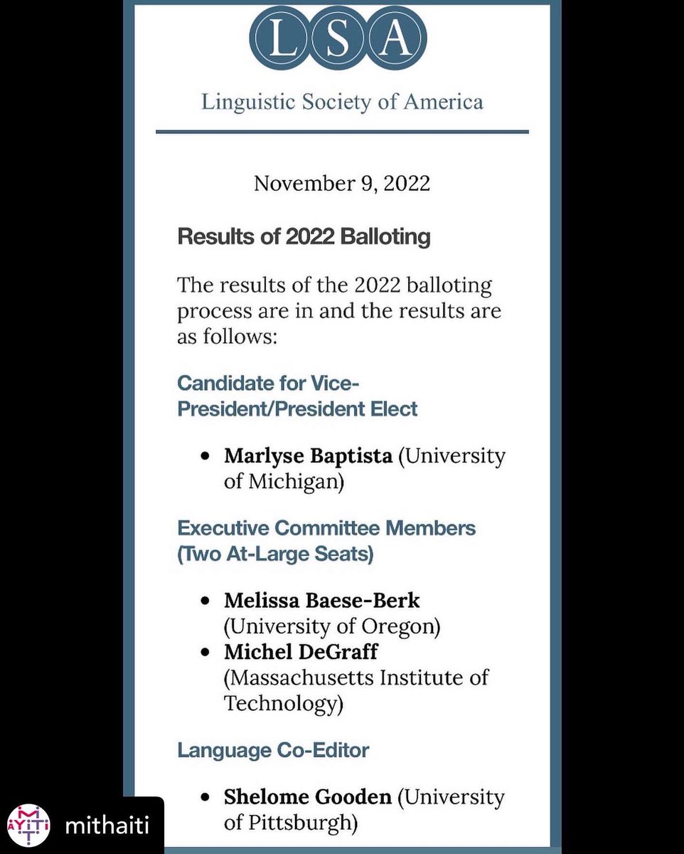 MITHaiti's tweet image. Apre LSA @LingSocAm bay Pwòf @MichelDeGraff onè _Fellowship_ LSA, kounye a se kòlèg lengwis yo ki vote l kòm manm Komite Egzekitif LSA nan mitan yon bèl ekip fanm vanyan — 3 manm nan komite a se kreyolis : @MichelDeGraff Ayiti🇭🇹 @ShelomeGooden Jamayik🇯🇲 Marlyse Baptista Kap Vè🇨🇻