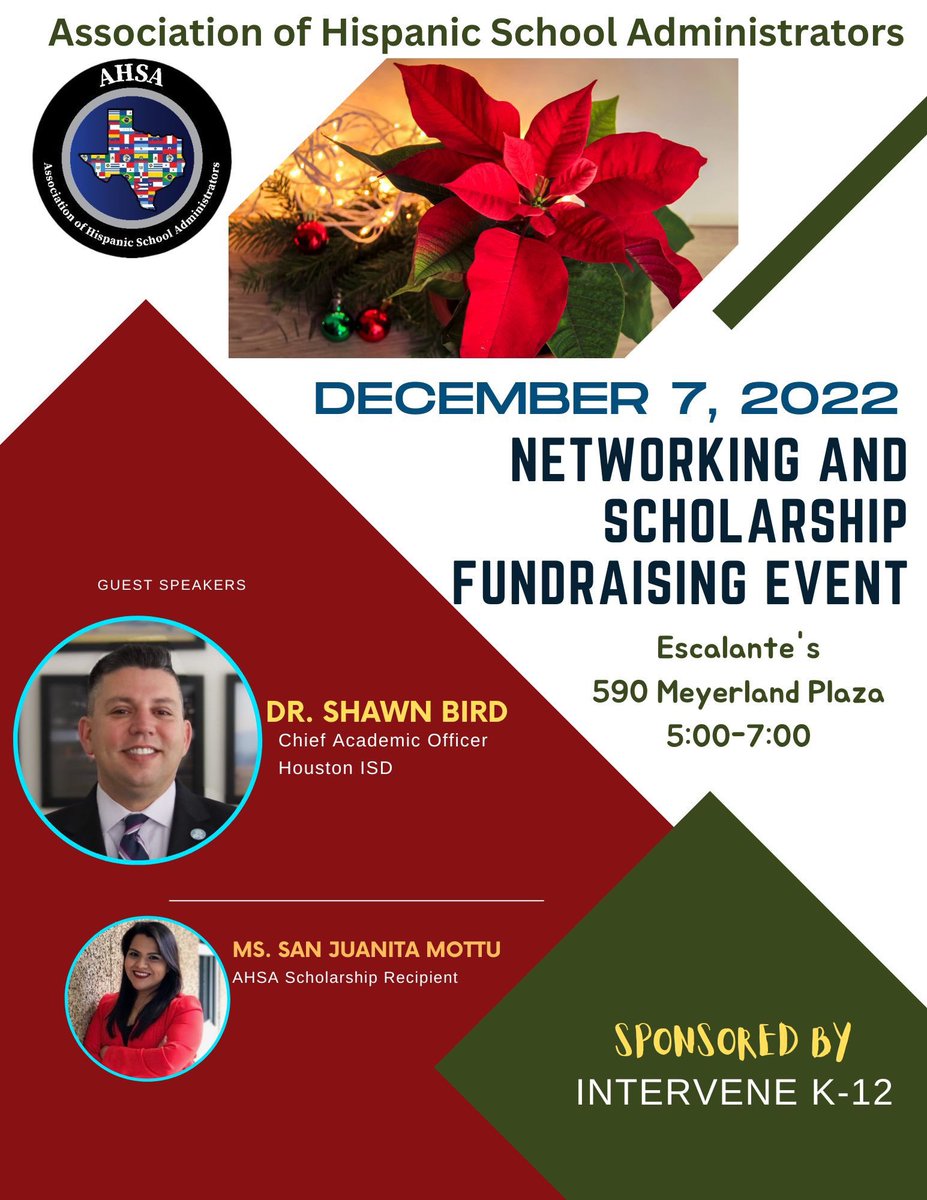 AHSA (@houstonahsa) on Twitter photo Don’t miss the chance to meet and hear from our very own Chief Academic Officer @HISD_CAO ! Come and support <a href="/SjMottu/">Sanjuanita Mottu</a> as she shares her story as a former recipient of the AHSA scholarship! Thank you <a href="/InterveneK12/">Intervene K-12</a> for sponsoring this event!!! Dec 7th, 5 pm. Don’t miss the chance to meet and hear from our very own Chief Academic Officer @HISD_CAO ! Come and support <a href="/SjMottu/">Sanjuanita Mottu</a> as she shares her story as a former recipient of the AHSA scholarship! Thank you <a href="/InterveneK12/">Intervene K-12</a> for sponsoring this event!!! Dec 7th, 5 pm.
