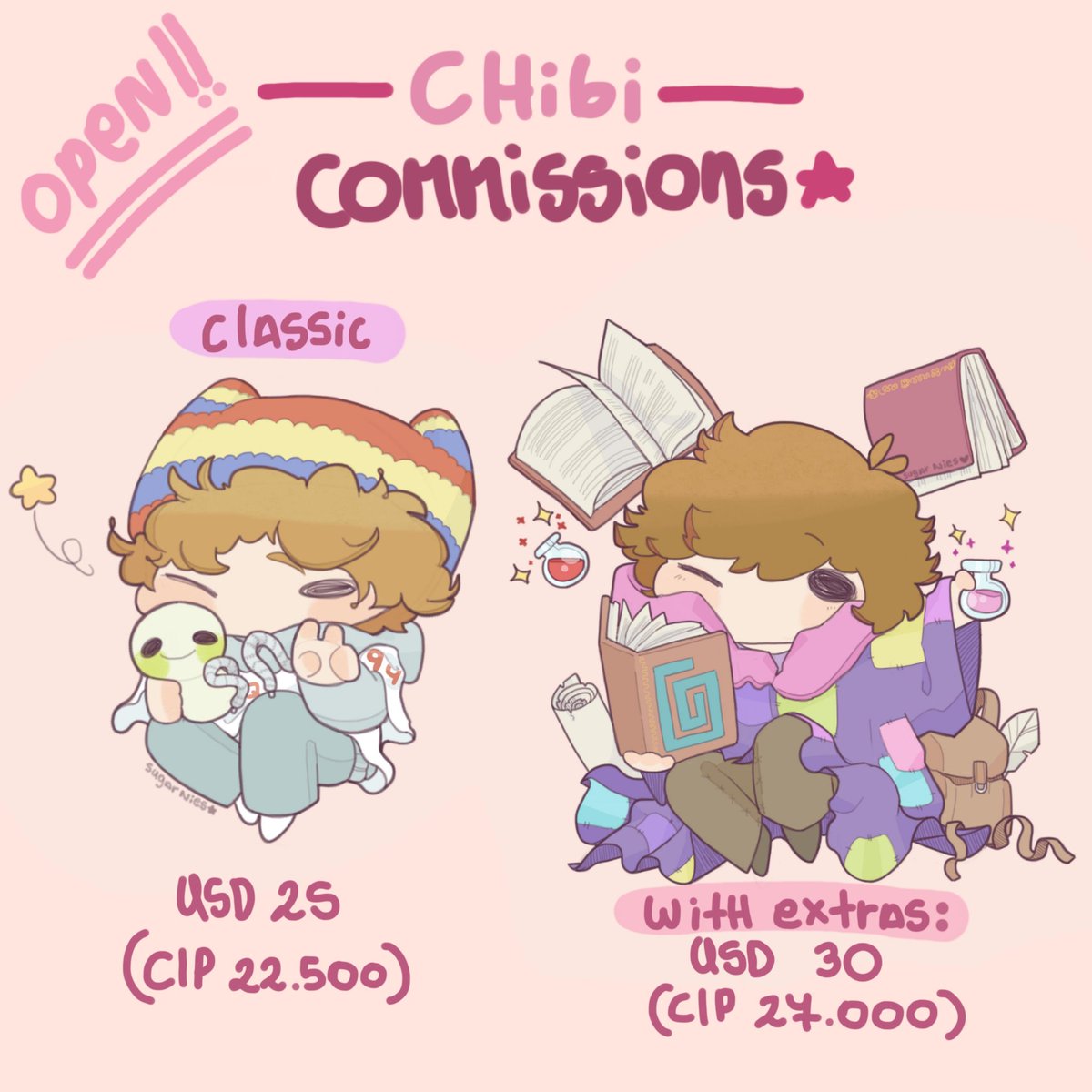 Chibi Commissions are OPEN!!🌸

Dm me if you are interested:)
Please RT, I would really appreciate

(MORE INFO BELOW) 
#comissionsopen #comission #comissions #comisionesabiertas #chibicomissions