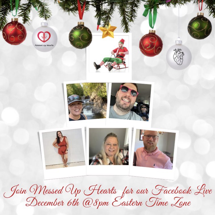 MessedUpHearts's tweet photo. Join us Tuesday December 6th at 8pm Eastern time zone for our Facebook live!

Heartfelt Holidays; Surviving the Hustle &amp; Bustle of the Holiday Season with Messed Up Hearts #chd #MedTwitter https://t.co/bvV39vheaZ