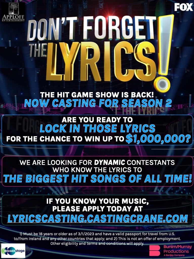 Game Show Casting on X: DON'T FORGET THE LYRICS is back for SEASON 2 and  CASTING NATIONWIDE! We are looking for dynamic contestants who know the  lyrics to THE BIGGEST HIT SONGS