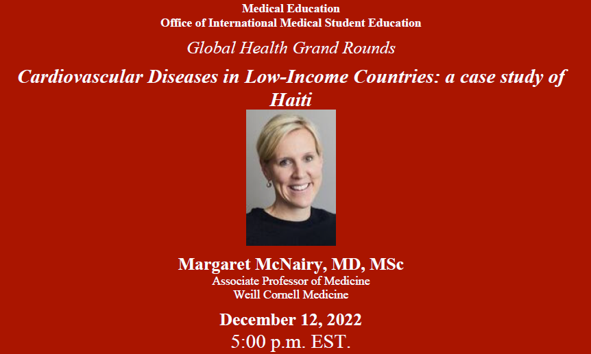 Join us on, 12/12/22, at 5pm (EST) for Dr. McNairy's talk on Cardiovascular Diseases in Low-Income Countries
For Zoom link, email sab2025@med.cornell.edu
#cardiovasculardisease #heartdisease #hearthealth #cardiovascularhealth
<a href="/wcmglobalhealth/">Weill Cornell Medicine Center for Global Health</a> <a href="/WeillCornell/">Weill Cornell Medicine</a>