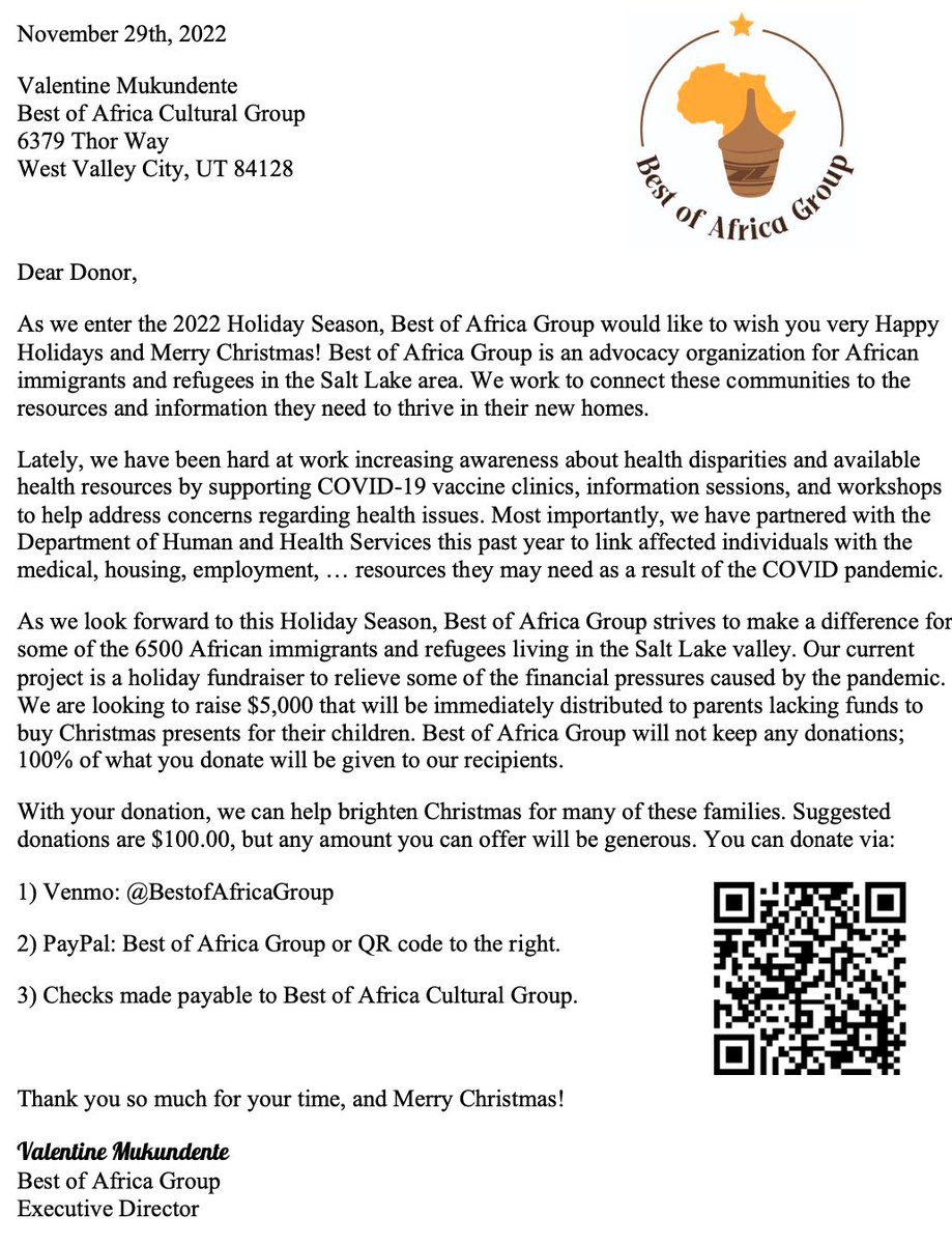 As the holidays are quickly approaching, if you plan to make a charitable contribution, please keep in mind the community-based organization Best of Africa. They’re doing great and important work here in Utah. 🌍🕊️
