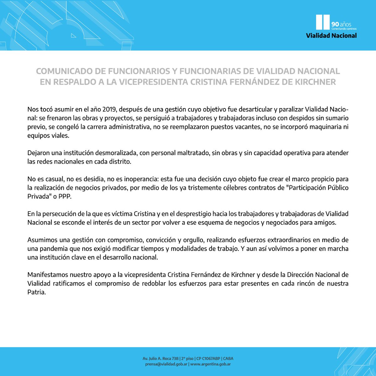 VialidadNac's tweet photo. Comunicado de funcionarios y funcionarias de Vialidad Nacional en respaldo a la Vicepresidenta Cristina Fernández de Kirchner https://t.co/TjREM9WdhN