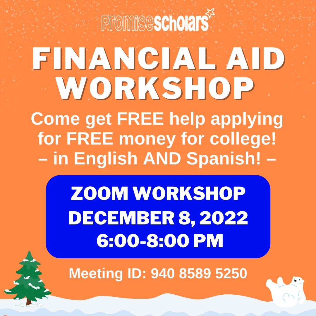 Join us at our virtual Financial Aid Workshop this Thursday (Dec 8th) from 6:00-8:00pm via Zoom ⚡

Meeting ID: 940 8589 5250
DM us for the passcode!

We'll help you with your FAFSA/CADAA application to get FREE money for college! Workshop will be in English and Spanish 🧡💙💚