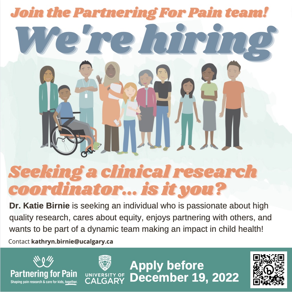 Are you passionate about high quality research, equity, partnering with others, and having an impact on #PediatricPain &amp; #ChildHealth? Apply before Dec 12 to join our amazing #PartneringForPain research team 👉bit.ly/3P6gMMg <a href="/UCalgaryMed/">UCalgaryMedicine</a> <a href="/UofCr4kids/">ACHRI</a>