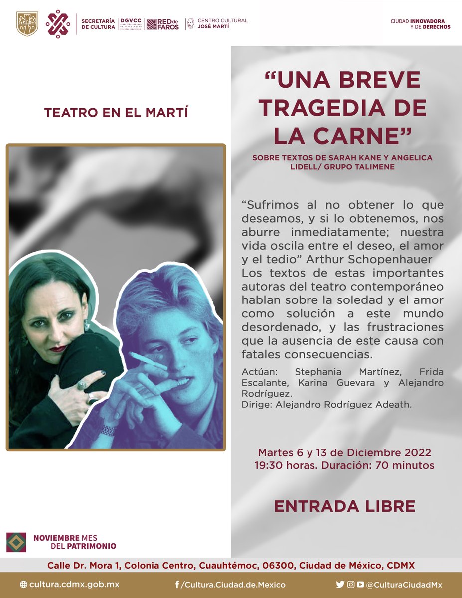 CulturalMarti's tweet photo. Cine, literatura, teatro y música.
¿A cuál nos acompañas?
#centrocdmx #arte #actividadcultural #ccjm #diciembre https://t.co/wW5uiV7fiq