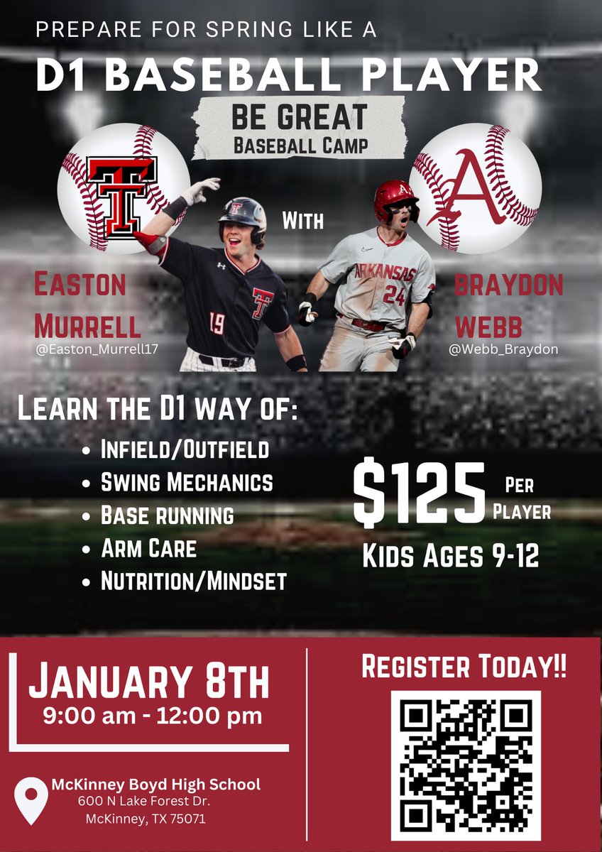 First clinic was a success! Loved being around the younger age groups and help teach them the game. <a href="/WebbBraydon/">Braydon Webb</a> and I will be hosting the "Be Great Baseball Camp" on January 8th, QR code is in the flyer! Feel free to share.