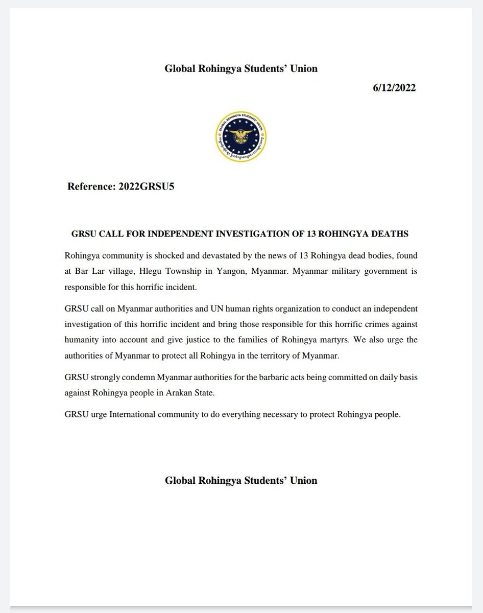 GRSU Call For Independent Investigation of 13 Rohingya Deaths.