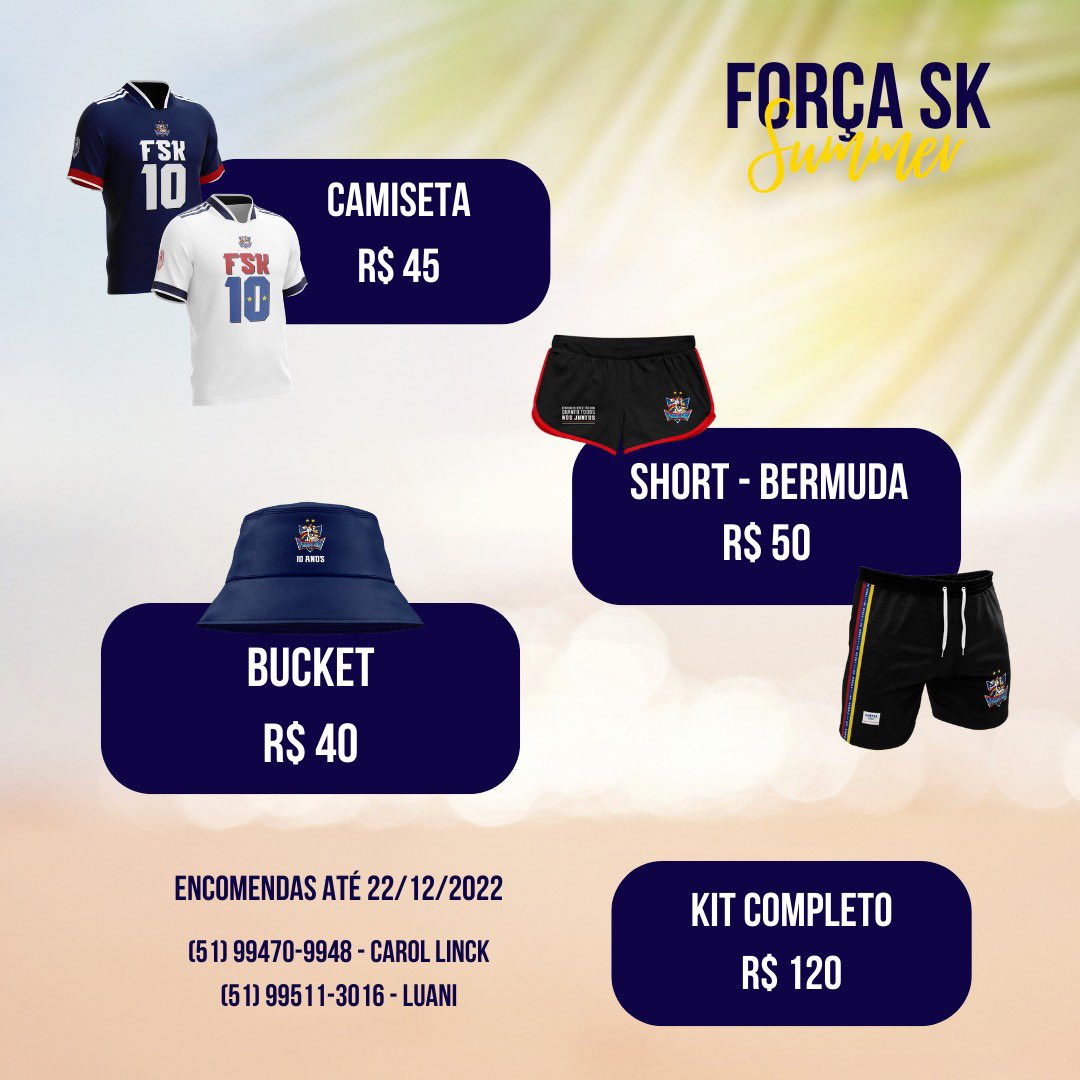 FORÇA SK SUMMER 2023☀️😎Esse ano com novidade: look completinho pra passar o verão.Camiseta,bermuda/short e bucket!Camiseta R$ 45,00 Bermuda/Short R$ 50,00 Bucket R$ 40,00 KIT COMPLETO: R$ 120 Encomendas com <a href="/LUANI_CURY/">Luani Cury</a> Fsk ou <a href="/_linckcarol/">Carolina Linck</a> até dia 22 de dezembro, então corre!!😉