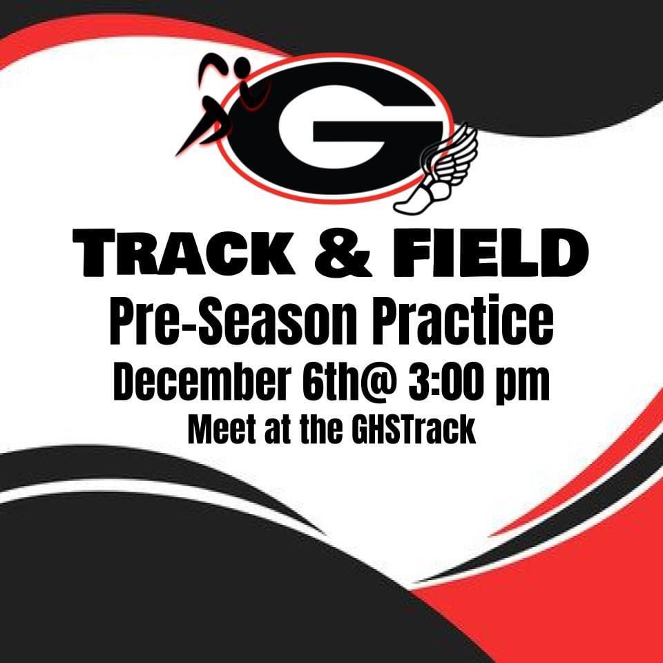 Track &amp; Field Pre-Season Practice 
December 6th @ 3:00 pm

Athletes must get their Athletic Clearance prior to their first practice! Go to athleticclearance.com.

Winter sport athletes can tryout as soon as the season to their sport ends.