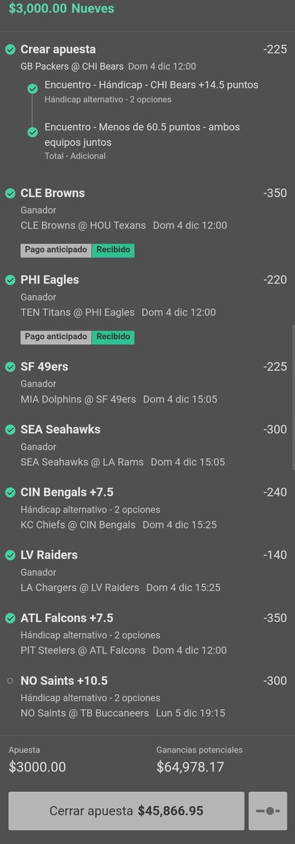 - Ayer les regalé este parlay con momio +2065, sólo nos queda Saints +10.5 pts en el #MNF y lo cobramos 💪🏻.

💥 Si lo ganamos, voy a regalar $5,000 pesos 💵 entre los que interactuen ♥️🔁 ó 🗨.
