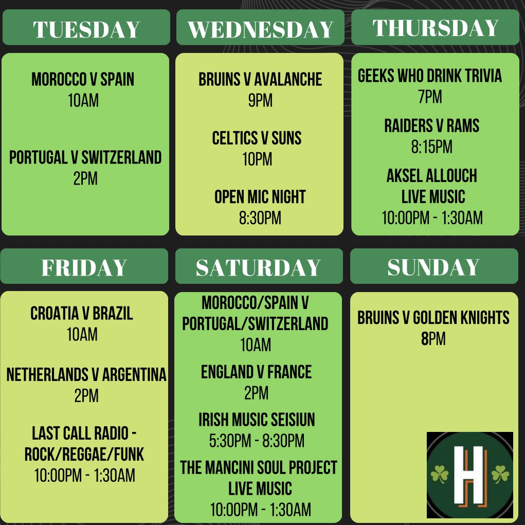 This week at Hugh’s! 🍻 Lots of World Cup matches, Boston sports &amp; Live Music to look forward to. We’ll be open tomorrow at 9:30am for the Morocco v Spain match.