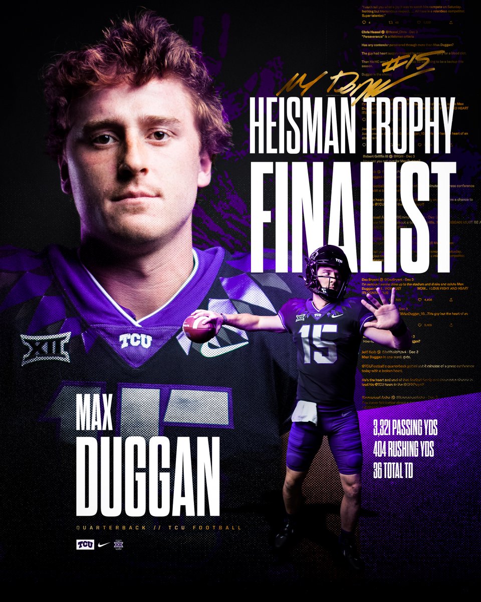 TCUFootball's tweet photo. Earned. Deserved. 

@MaxDuggan_10 is a 2022 Heisman Trophy Finalist. 🏆

#GoFrogs #HouseOfDuggan #HE15MAN https://t.co/ROvsYu9TkJ